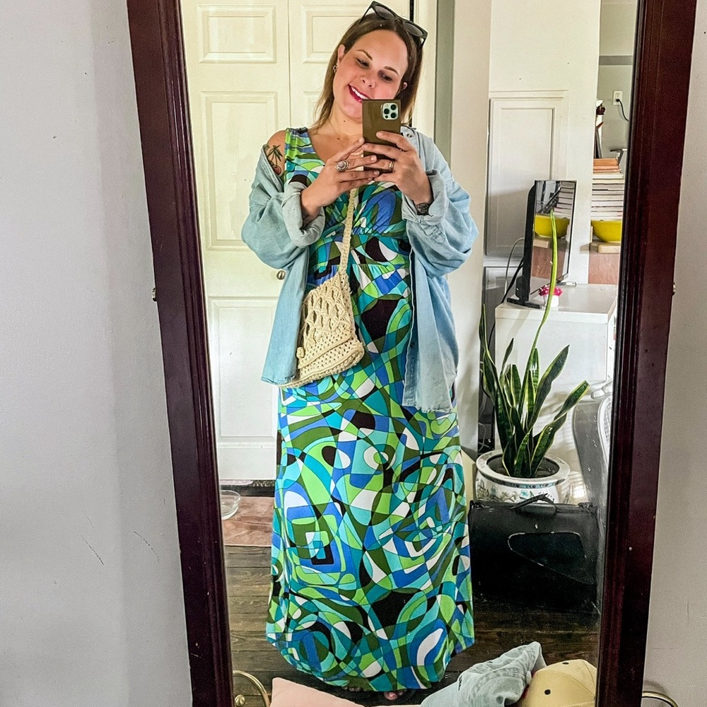 1990sNomadic Traders Green Blue Abstract V-Neck Maxi Dress